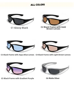 Six colors of Y2K cycling sunglasses with streamlined anti-slip temples and tinted lenses