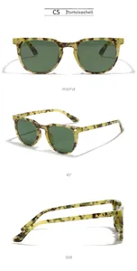 Three-angle view of tortoise shell sunglasses with green lenses and metal hinge details