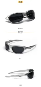 Three-angle views of silver futuristic Y2K sports sunglasses with dark lenses