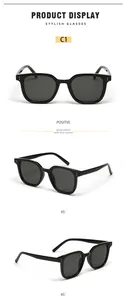 Three-angle view of classic square black sunglasses with dark grey lenses on white background