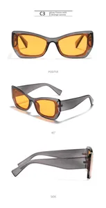 Detail view of square grey transparent frames with orange lenses and side arm markings