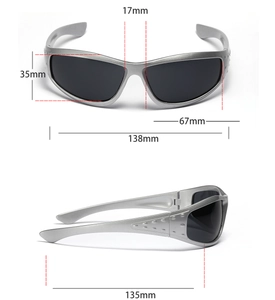 Detailed technical diagram showing 138mm width and 135mm temple length of silver sports eyewear