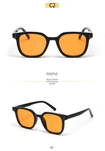 Front and 45-degree angle views of black square frame sunglasses with orange lenses