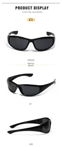 Detailed views of black Y2K sports sunglasses showing front, 45-degree angle and side profile