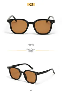 Detailed front and 45-degree side view of black square sunglasses with tea-tinted lenses