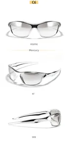 Three-angle view of futuristic silver Y2K sports sunglasses with metallic mercury lenses