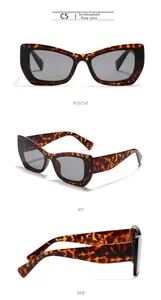 Three-view detail of square tortoiseshell sunglasses with gray lenses in Y2K style