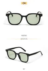 Front and 45-degree views of square black frame sunglasses with light green lenses