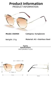 Spécifications de taille pour lunettes de soleil œil de chat en métal doré avec perles