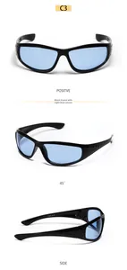Three angles of black Y2K sports sunglasses with light blue lenses and Y2001 model detail