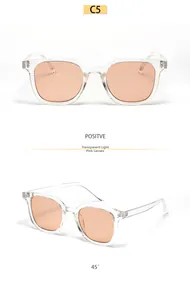Detail view of square transparent frame sunglasses with light pink lenses and metal hinges