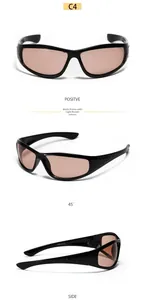 Three-angle view of Y2K cycling sunglasses with black frame and light brown lenses