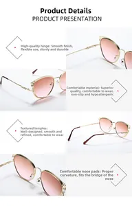 Détail de lunettes de soleil œil-de-chat dégradé rose avec monture dorée et perles