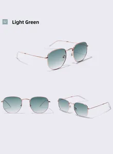 Three-way view of trendy square metal sunglasses with green gradient lenses