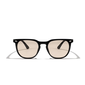 Classic black pilot sunglasses with glossy frames and translucent light brown lenses