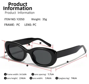 Detailed size chart for oval sunglasses Y2050 showing dimensions and PC material specs
