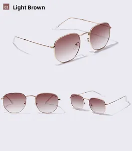Detailed views of gold hexagonal metal sunglasses with brown gradient lenses