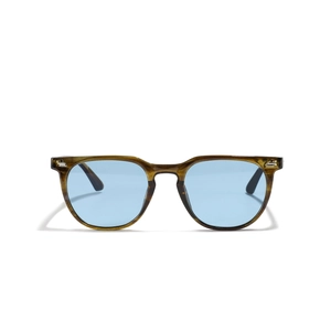 Classic olive green square frame sunglasses with light blue lenses and silver rivets