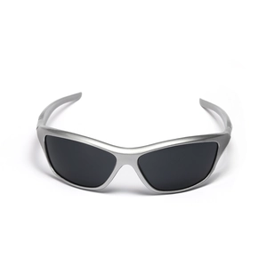 Futuristic silver Y2K sports sunglasses with dark lenses and a sleek metallic finish