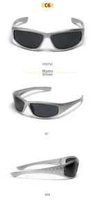 Three-way view showing matte silver Y2K cycling sunglasses in front and side profiles