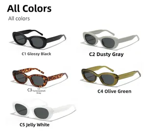 Collection of oval retro sunglasses in black, grey, tortoiseshell, green and white colors