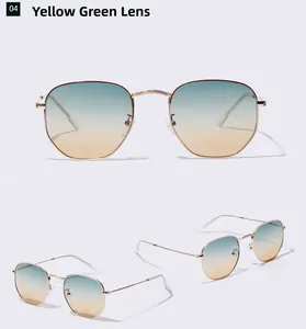 Detail view of square metal sunglasses featuring yellow green gradient lenses and gold frame