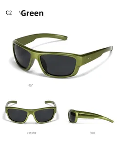 Three-view display of olive green Y2K retro sports sunglasses from 45 degree, front and side