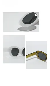 Detail view of oval sunglasses showing sturdy hinges and model number Y2050 on temples