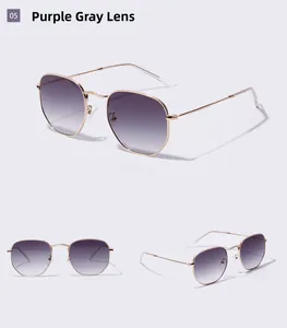 Detailed views of gold metal frame sunglasses with purple gradient lenses from three angles