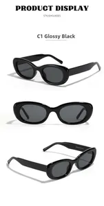 Detail view of glossy black oval sunglasses Y2050 showing frame and hinge specifications