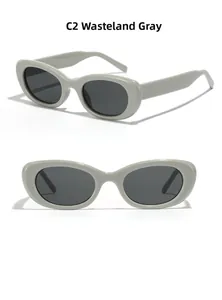 Oval dusty grey sunglasses for men featuring dark lenses shown from front and side views