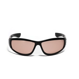 Y2K sporty cycling sunglasses with glossy black frames and light brown tinted lenses