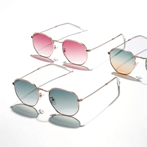 Modern square metal frame sunglasses with three gradient lens tints on a white backdrop