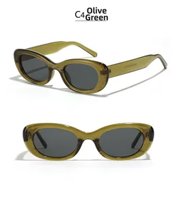 Detail view of oval sunglasses with olive green frames and grey lenses, model A5020