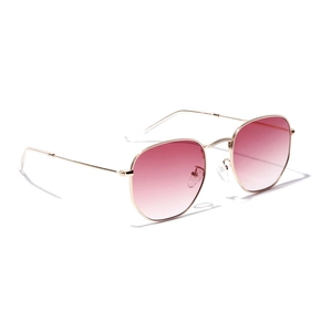 Modern square gold metal sunglasses with pink gradient lenses shown at a 45-degree angle