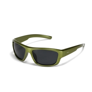 Y2K futuristic sports sunglasses with olive green metallic frame and black lenses