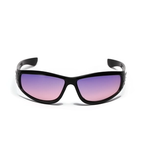 Black sporty wrap-around sunglasses with gradient purple lenses for cycling