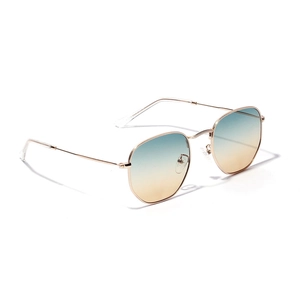 Trendy square gold metal sunglasses with blue-orange gradient lenses on white background