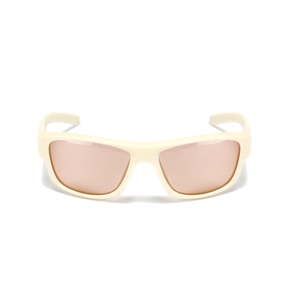 Y2K futuristic wrap-around sports sunglasses with cream frame and light brown lenses