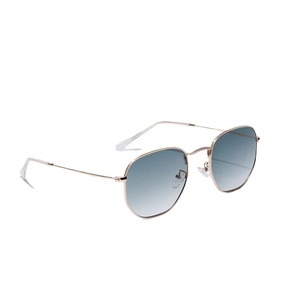 Retro square metal sunglasses with blue gradient lenses and golden hexagonal frames