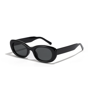 Classic oval black sunglasses with dark grey lenses and retro minimalist frame for men