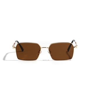 Retro square metal sunglasses with gold frame and brown lenses shown in front view