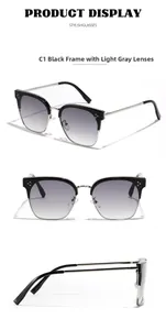 Drei Ansichten der schwarzen Browline-Sonnenbrille mit Metallrahmen und grauen Gläsern