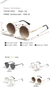 Detailed size specifications for vintage round stainless steel punk sunglasses