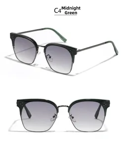 Detailansicht der dunkelgrünen Cat-Eye-Sonnenbrille mit Metallnieten und Farbverlauf