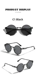 Macro view of black metal round punk sunglasses with spring hinges and double bridge detail