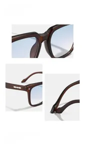 Detail of square sunglasses with star rivets and unique blade-shaped metal temple insert