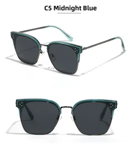 Detailansicht der mitternachtsblauen Halbrand-Sonnenbrille mit Metallrahmen und Nieten