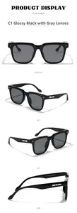 Detailed views of square black sunglasses featuring silver cross metal rivets and dark lenses