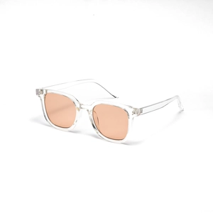 Square clear frame sunglasses with light orange lenses in a 45-degree side view angle